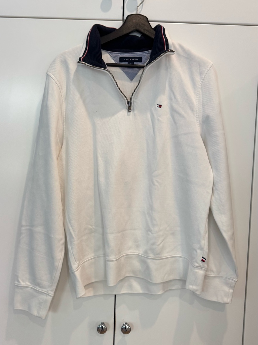 Tommy Hilfiger Men’s Cream Half-Zip Sweater with Navy Trim